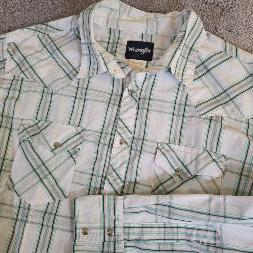 Vintage Wrangler Pearl Snap Plaid Western Short Sleeve Shirt Size XL White Plaid